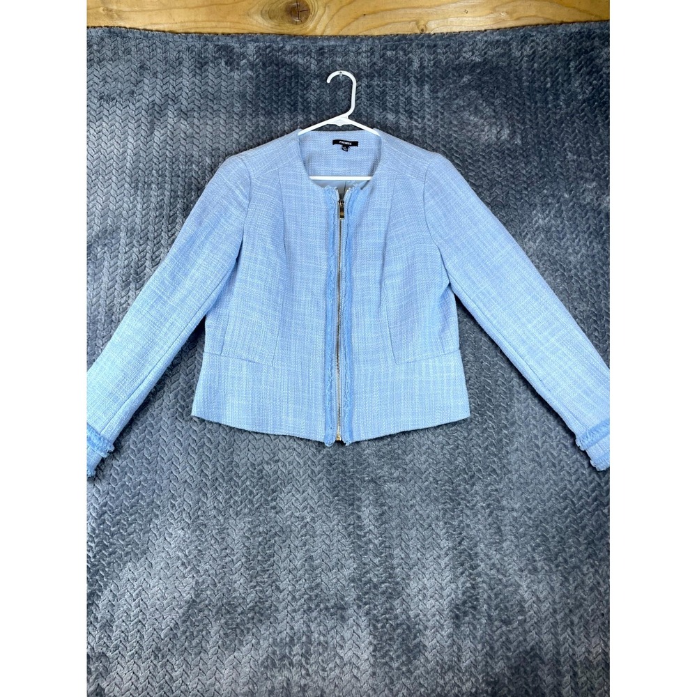 Premise Jacket Womens 6 Light Blue Tweed Cotton Lined Chic Fringe Trim Full Zip